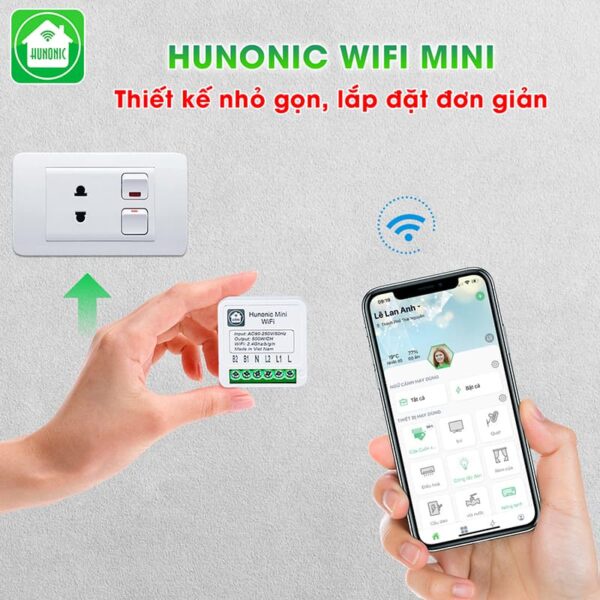 Công tắc thông minh Wifi HUNONIC Mini lắp sau công tắc cơ điều khiển bật tắt thiết bị từ xa qua điện thoại