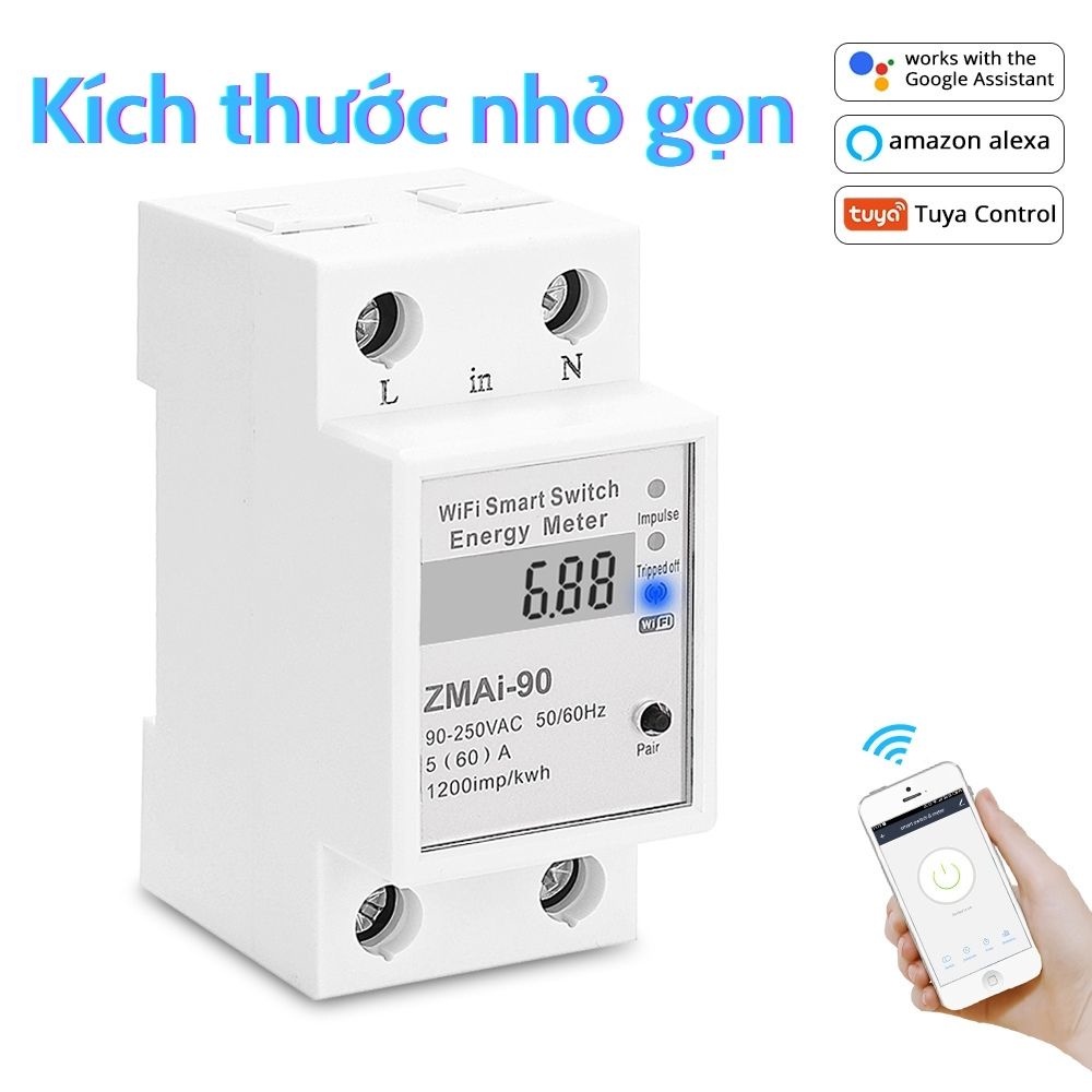 Công Tơ Điện Tử Thông Minh TUYA Wifi ZMAI 90 63A ATMS DIN RAIL đo số điện tiêu thụ cảnh báo bật tắt aptomat từ xa qua điện thoại bản quốc tế