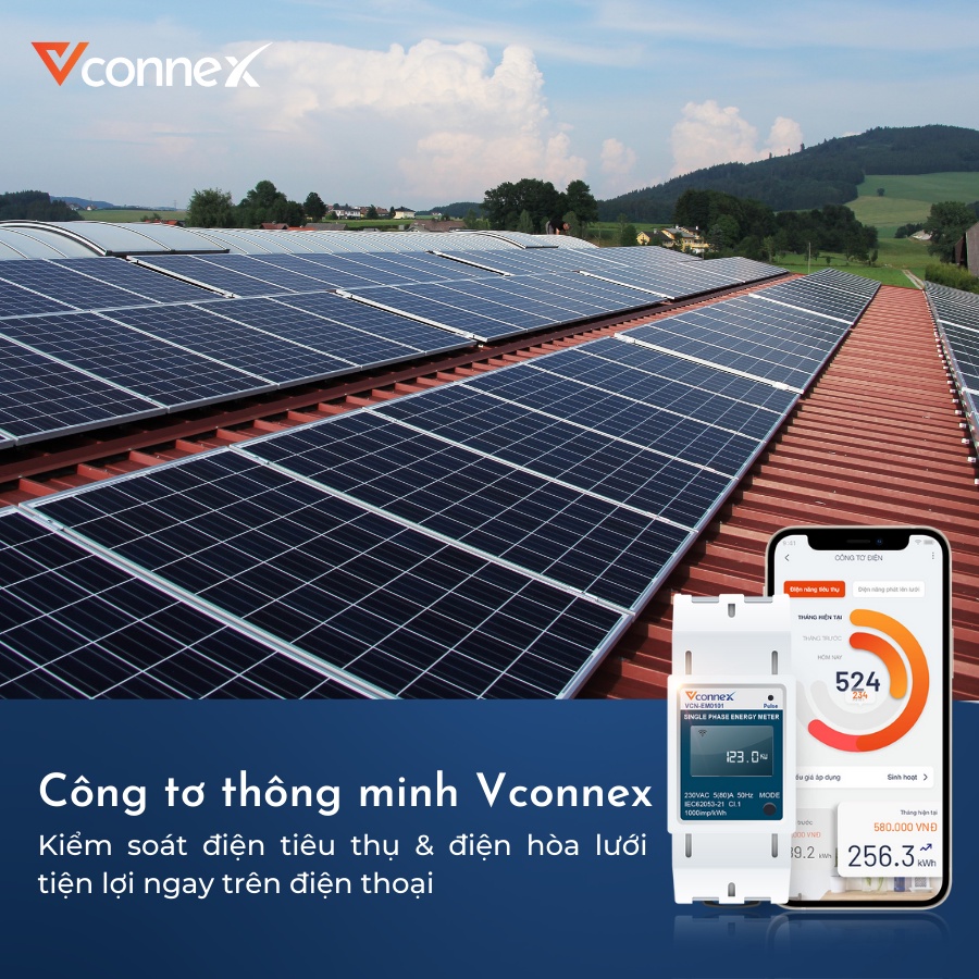 Công tơ điện tử thông minh wifi VCONNEX thiết bị giám sát điện năng tiêu thụ tính toán tiền điện theo dõi số điện từ xa qua điện thoại