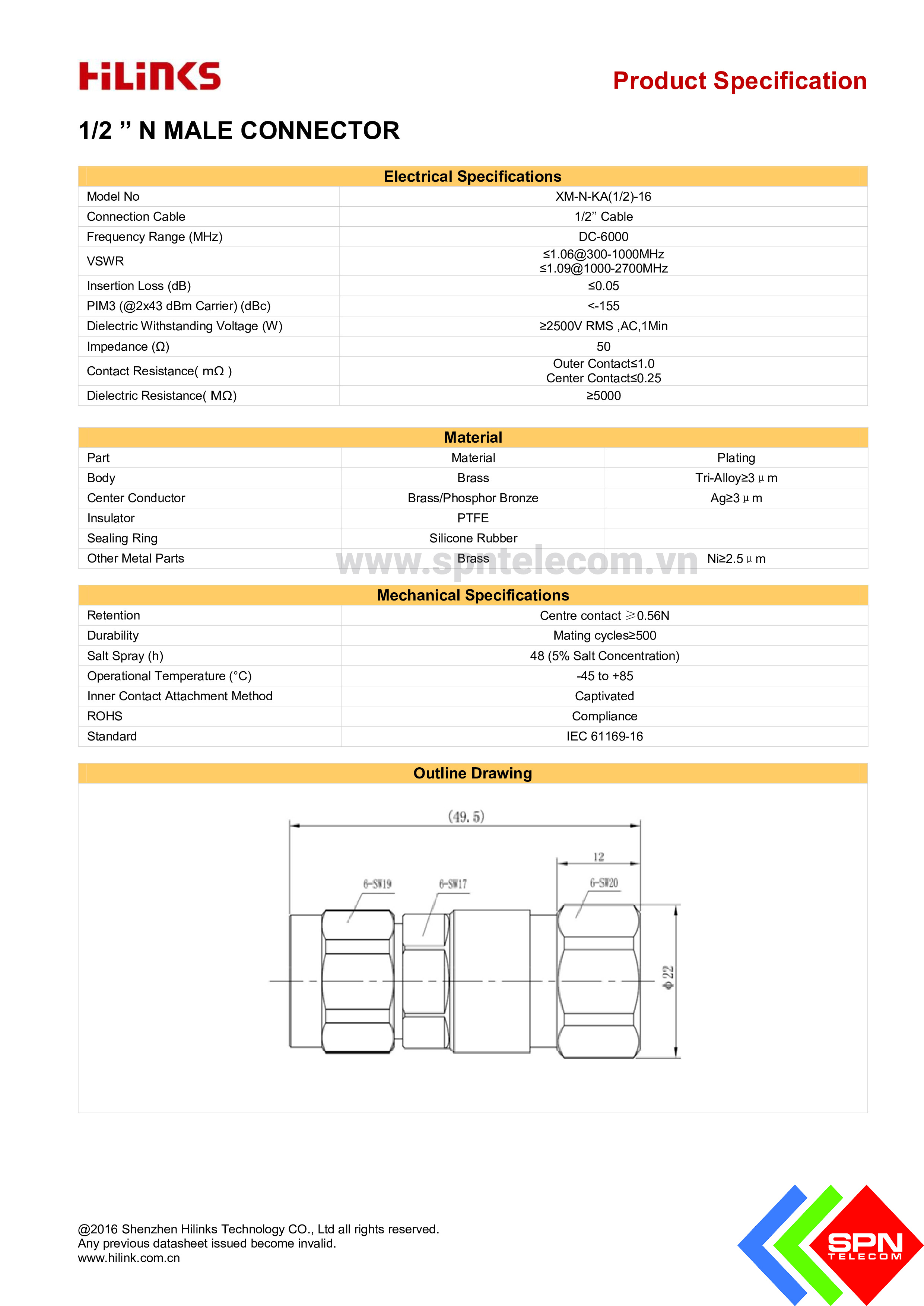 Đầu nối connector cáp feeder kích sóng điện thoại tăng sóng di động chuẩn 4.3/10 7/8 1/2 thẳng vuông N/M Male chính hãng