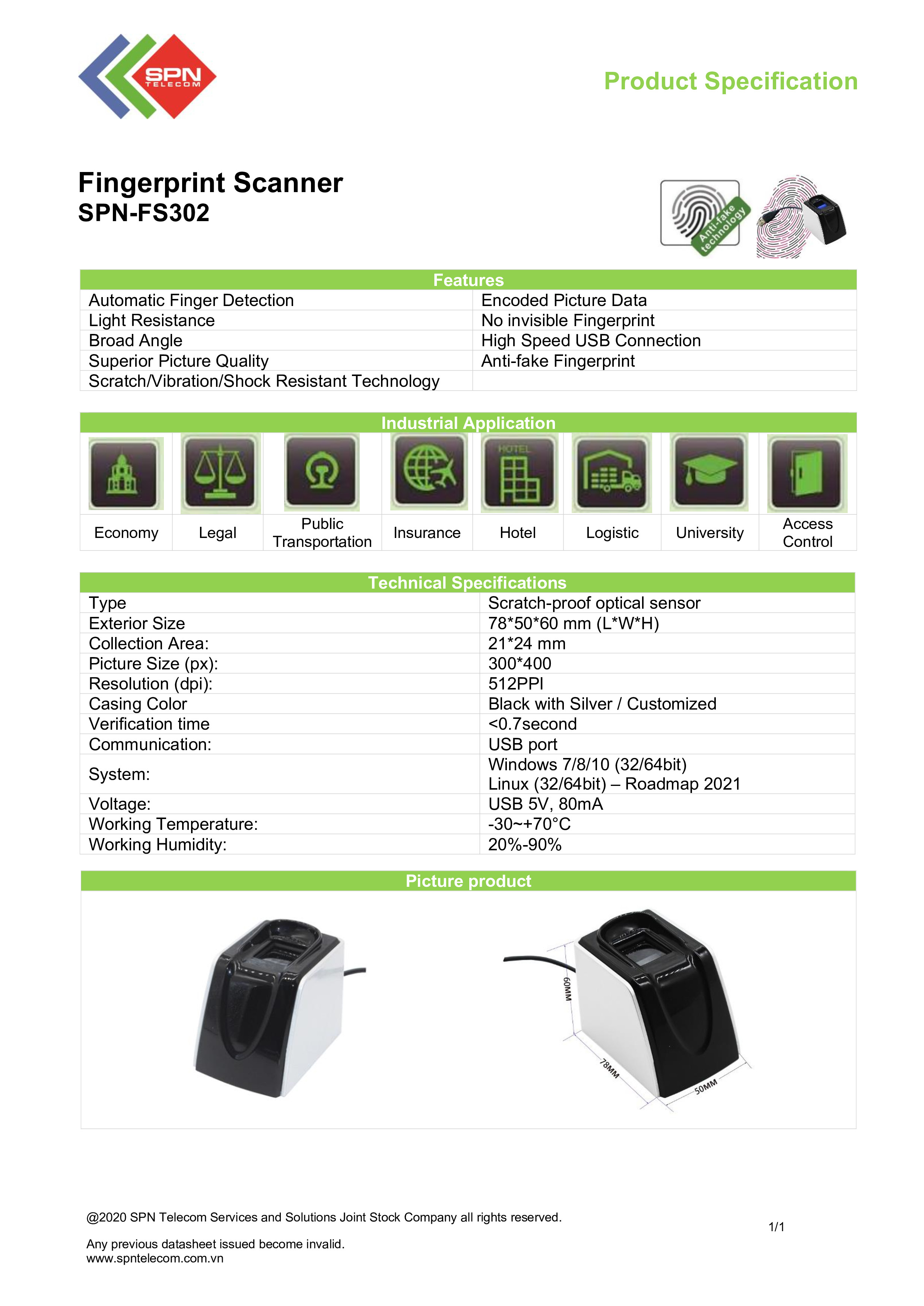 Máy đọc vân tay sinh trắc học Fingerprint Scanner SPN-FS302