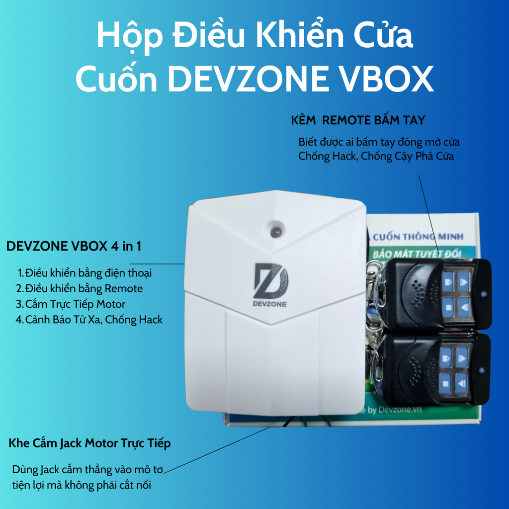 Hộp Điều Khiển Cửa Cuốn Bằng Điện Thoại DEVZONE VBOX Cắm Giắc Trực Tiếp Vào Mô Tơ Đóng Mở Cửa Kèm Chìa Remote Cao Cấp