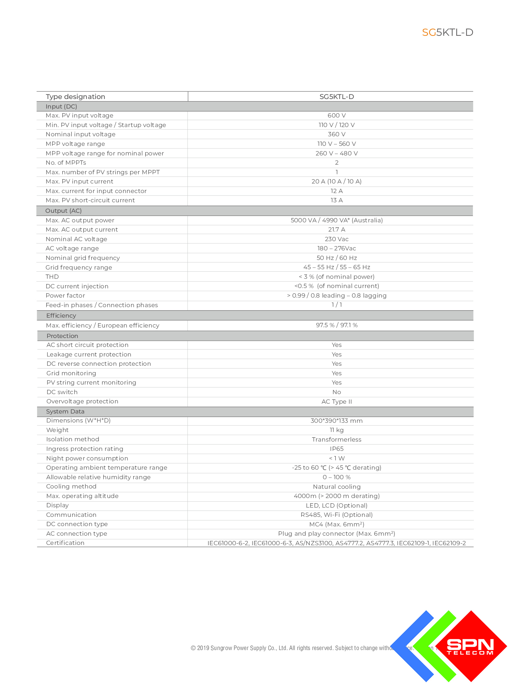 INVERTER HÒA LƯỚI ĐIỆN MẶT TRỜI SUNGROW SG5K-D 5KW CHÍNH HÃNG