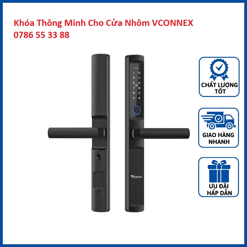 Khóa điện tử vân tay thẻ từ thông minh VCONNEX dành cho cửa nhôm có tiếng Việt điều khiển đóng mở theo dõi cảnh báo từ xa qua điện thoại