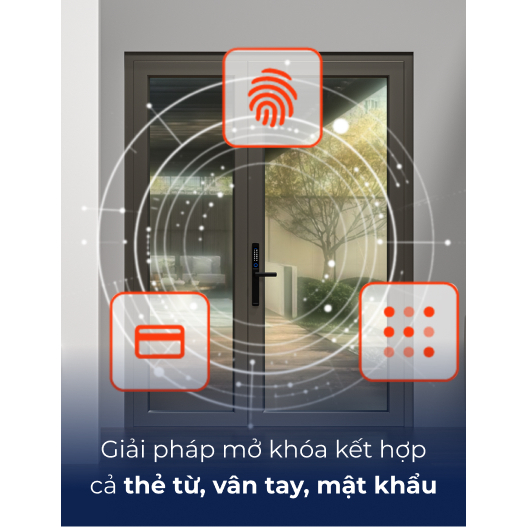Khóa điện tử vân tay thẻ từ thông minh VCONNEX dành cho cửa nhôm có tiếng Việt điều khiển đóng mở theo dõi cảnh báo từ xa qua điện thoại
