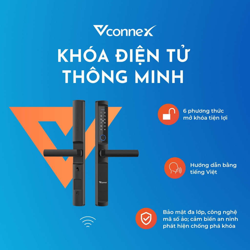 Khóa điện tử vân tay thẻ từ thông minh VCONNEX dành cho cửa nhôm có tiếng Việt điều khiển đóng mở theo dõi cảnh báo từ xa qua điện thoại