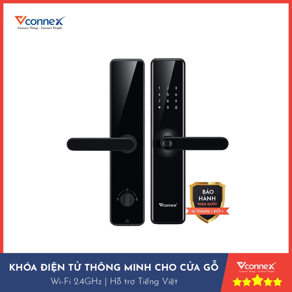 Khóa điện tử vân tay thông minh wifi VCONNEX dành cho cửa gỗ có tiếng Việt điều khiển đóng mở theo dõi cảnh báo từ xa qua điện thoại