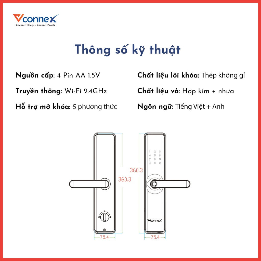 Khóa điện tử vân tay thông minh wifi VCONNEX dành cho cửa gỗ có tiếng Việt điều khiển đóng mở theo dõi cảnh báo từ xa qua điện thoại