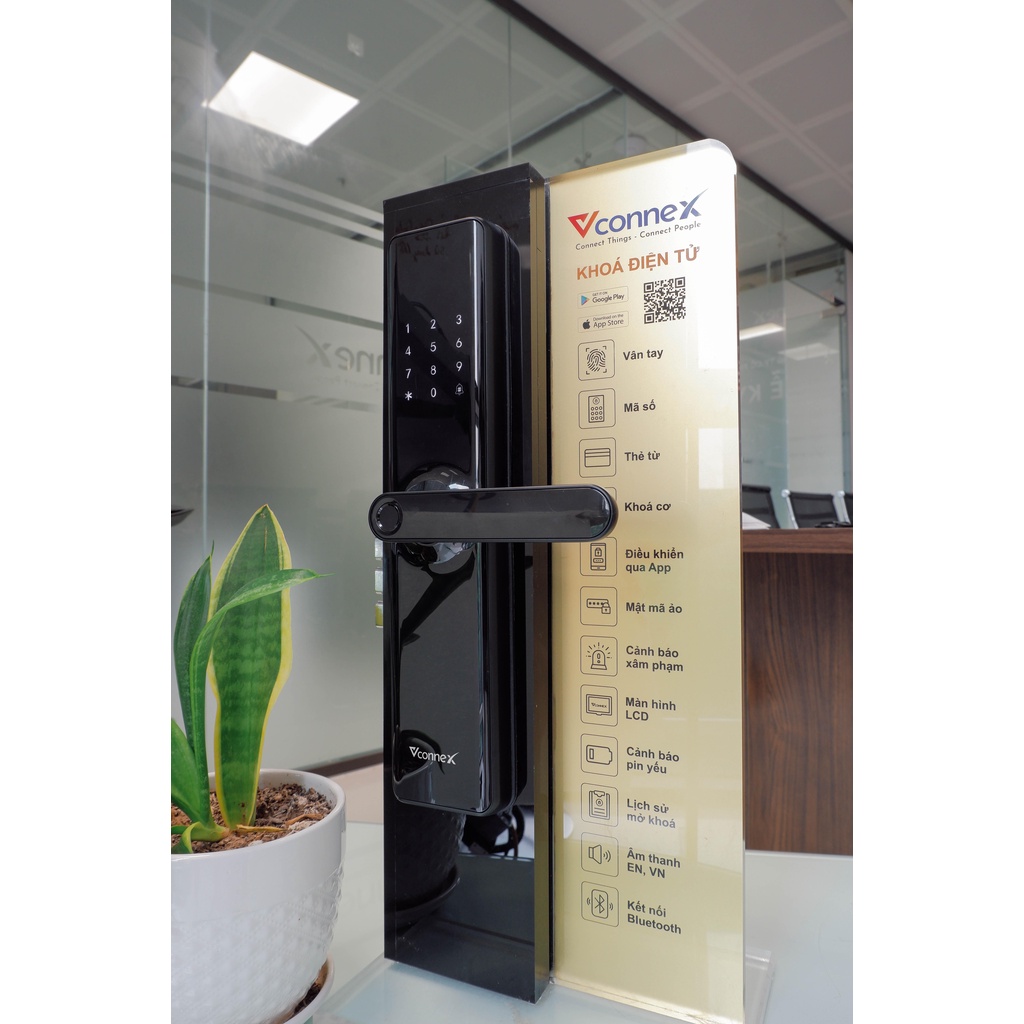 Khóa điện tử vân tay thông minh wifi VCONNEX dành cho cửa gỗ có tiếng Việt điều khiển đóng mở theo dõi cảnh báo từ xa qua điện thoại
