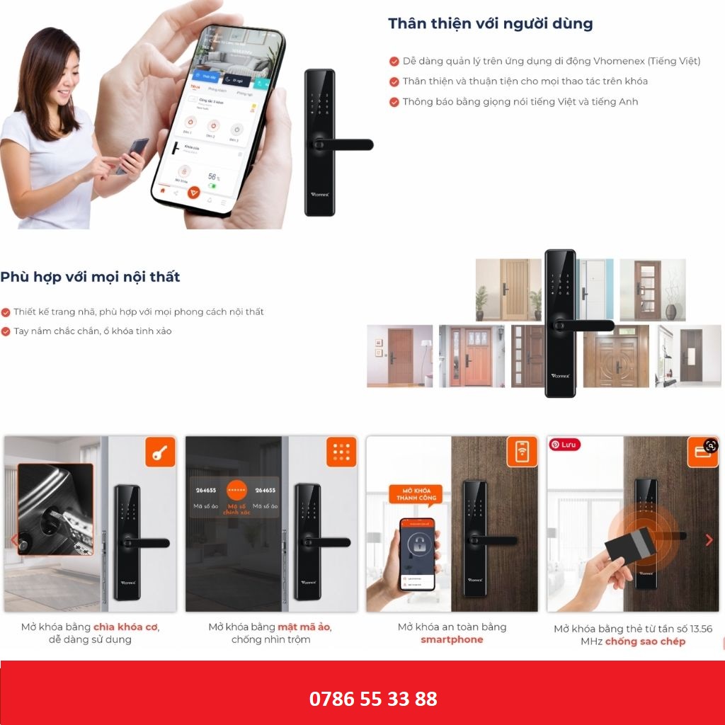 Khóa điện tử vân tay thông minh wifi VCONNEX dành cho cửa gỗ có tiếng Việt điều khiển đóng mở theo dõi cảnh báo từ xa qua điện thoại