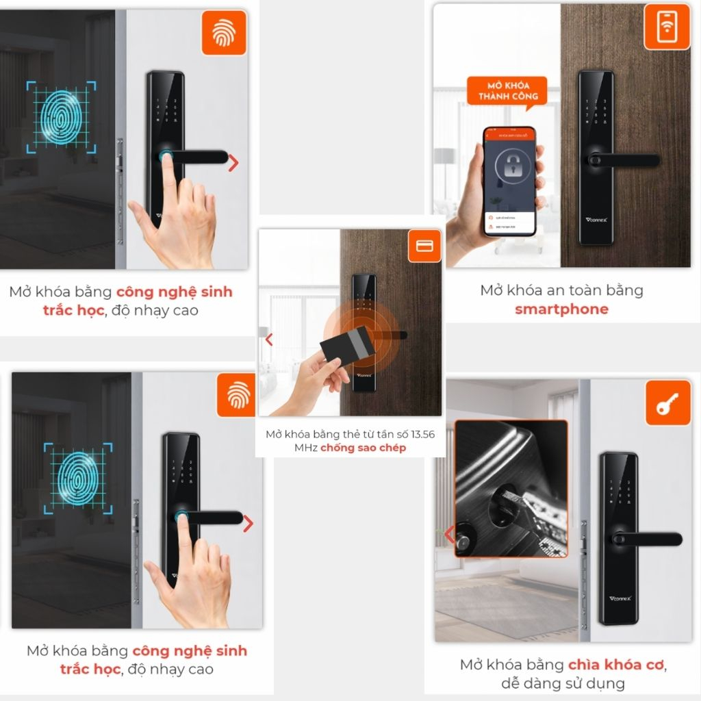 Khóa điện tử vân tay thông minh wifi VCONNEX dành cho cửa gỗ có tiếng Việt điều khiển đóng mở theo dõi cảnh báo từ xa qua điện thoại