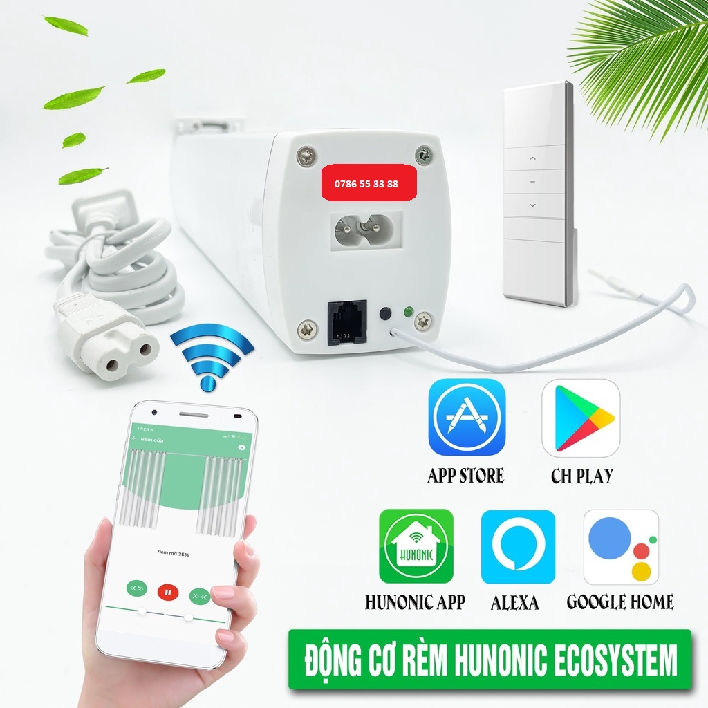 Motor rèm tự động HUNONIC động cơ mô tơ điều khiển đóng mở từ xa qua điện thoại che nắng mưa lấy ánh sáng thông minh