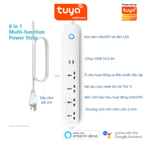 Ổ Cắm Dài Thông Minh Wifi TUYA 4 Chấu 2 cổng USB theo dõi điều khiển bật tắt từ xa qua điện thoại