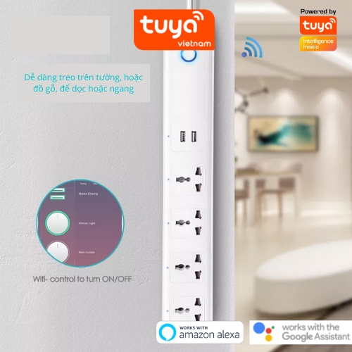 Ổ Cắm Dài Thông Minh Wifi TUYA 4 Chấu 2 cổng USB theo dõi điều khiển bật tắt từ xa qua điện thoại