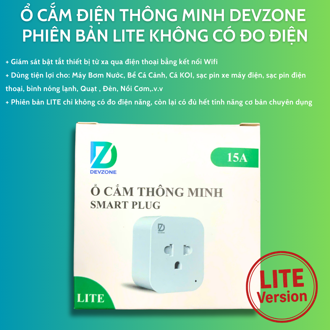 Ổ cắm điện thông minh wifi DEVZONE bật tắt thiết bị từ xa qua điện thoại phiên bản Lite rút gọn không có đo điện năng