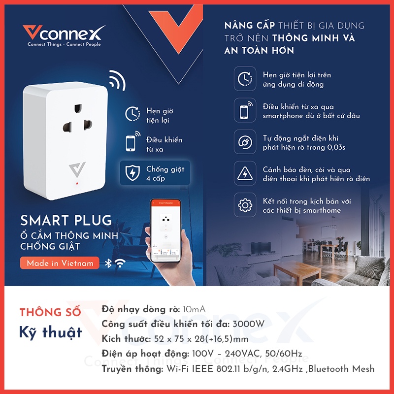 Ổ cắm điện thông minh wifi chống giật Vconnex phát hiện hở điện mất an toàn tự động ngắt cảnh báo bật tắt thiết bị từ xa qua điện thoại