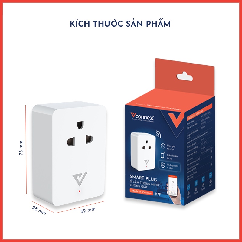 Ổ cắm điện thông minh wifi chống giật Vconnex phát hiện hở điện mất an toàn tự động ngắt cảnh báo bật tắt thiết bị từ xa qua điện thoại