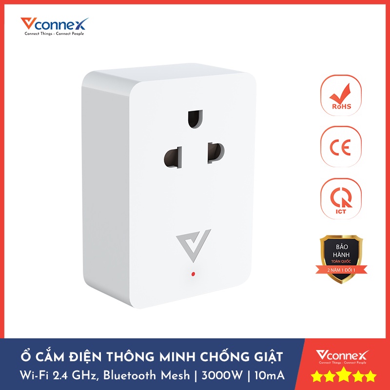 Ổ cắm điện thông minh wifi chống giật Vconnex phát hiện hở điện mất an toàn tự động ngắt cảnh báo bật tắt thiết bị từ xa qua điện thoại