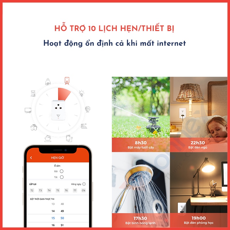 Ổ cắm điện thông minh wifi chống giật Vconnex phát hiện hở điện mất an toàn tự động ngắt cảnh báo bật tắt thiết bị từ xa qua điện thoại