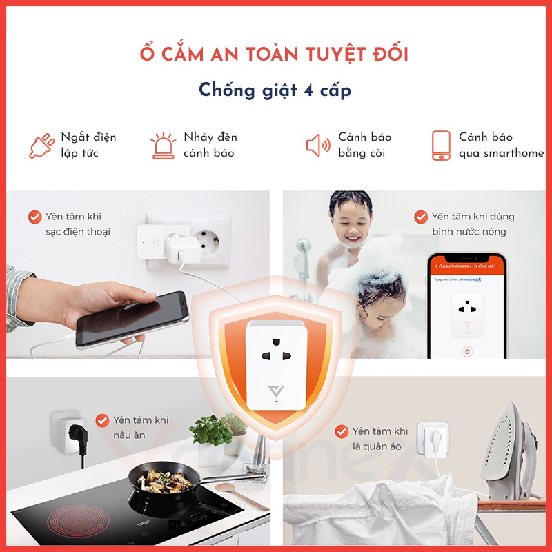 Ổ cắm điện thông minh wifi chống giật Vconnex phát hiện hở điện mất an toàn tự động ngắt cảnh báo bật tắt thiết bị từ xa qua điện thoại