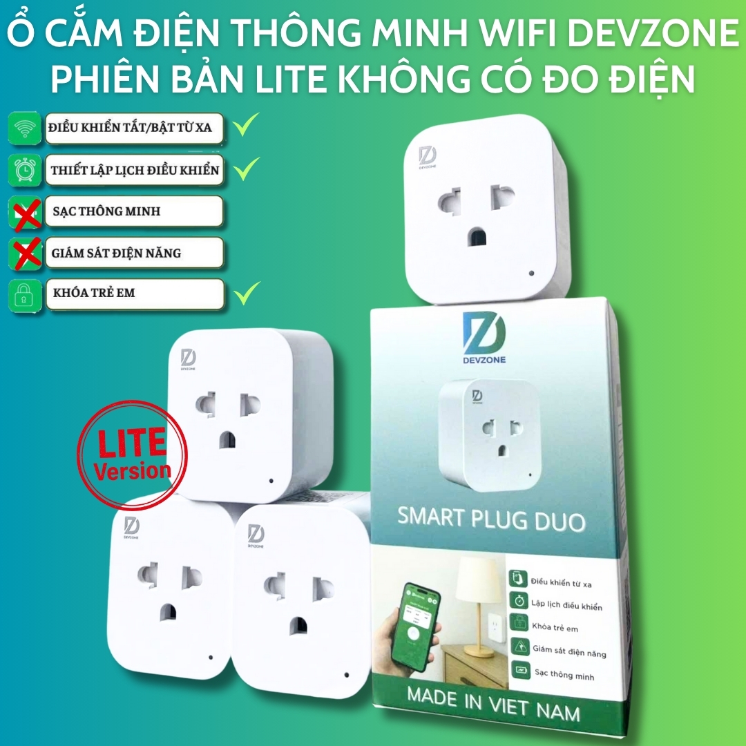 Ổ cắm điện thông minh wifi DEVZONE bật tắt thiết bị từ xa qua điện thoại phiên bản Lite rút gọn không có đo điện năng
