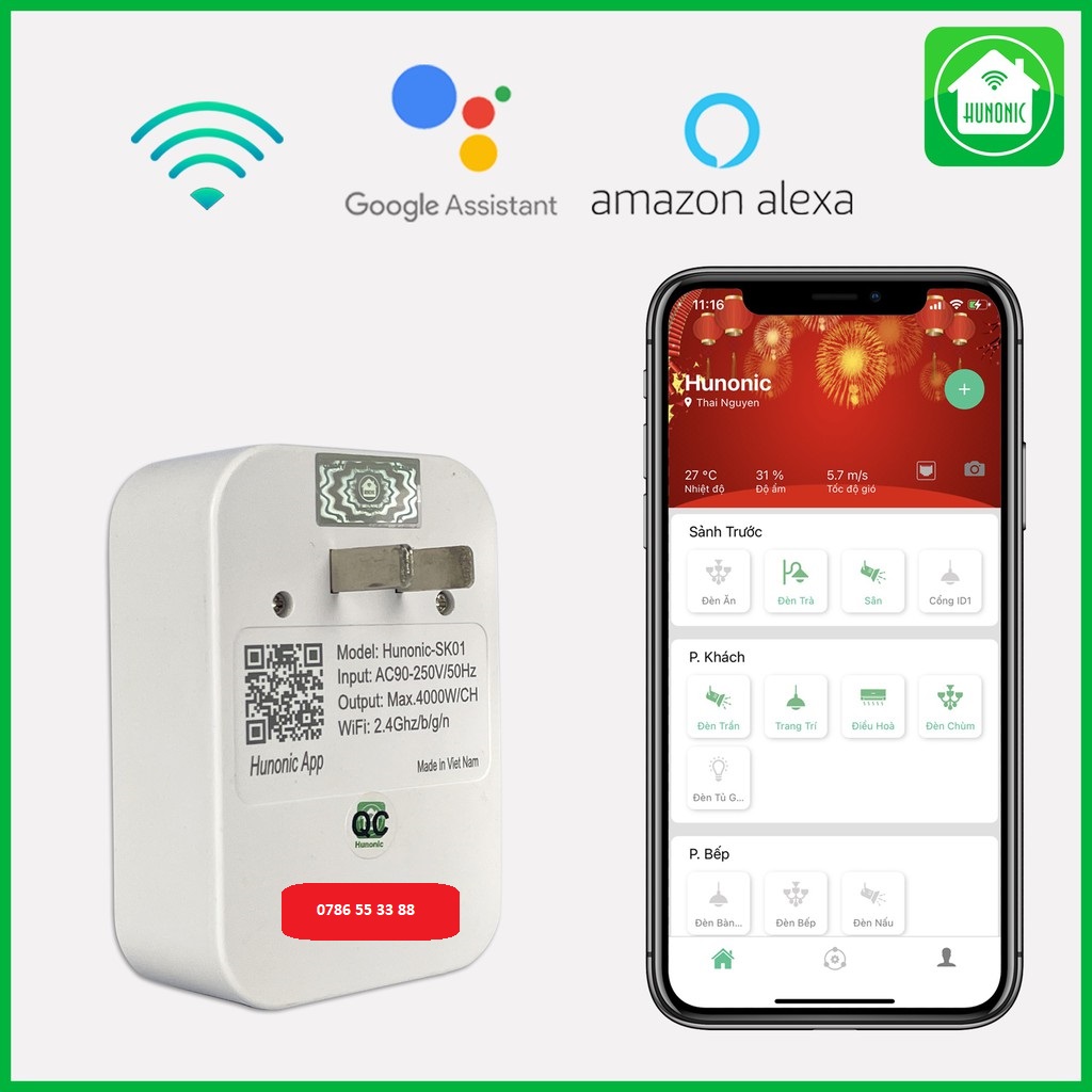 Ổ cắm thông minh wifi HUNONIC SK 01 bật tắt hẹn giờ từ xa qua điện thoại chính hãng
