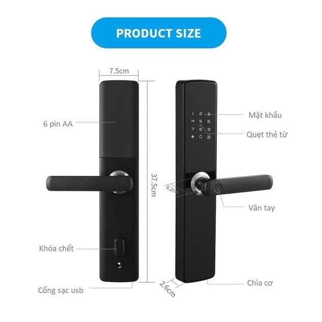 Ổ khóa vân tay thông minh TUYA Wifi E 202 cửa gỗ thép composit nhôm xingfa theo dõi đóng mở từ xa qua điện thoại