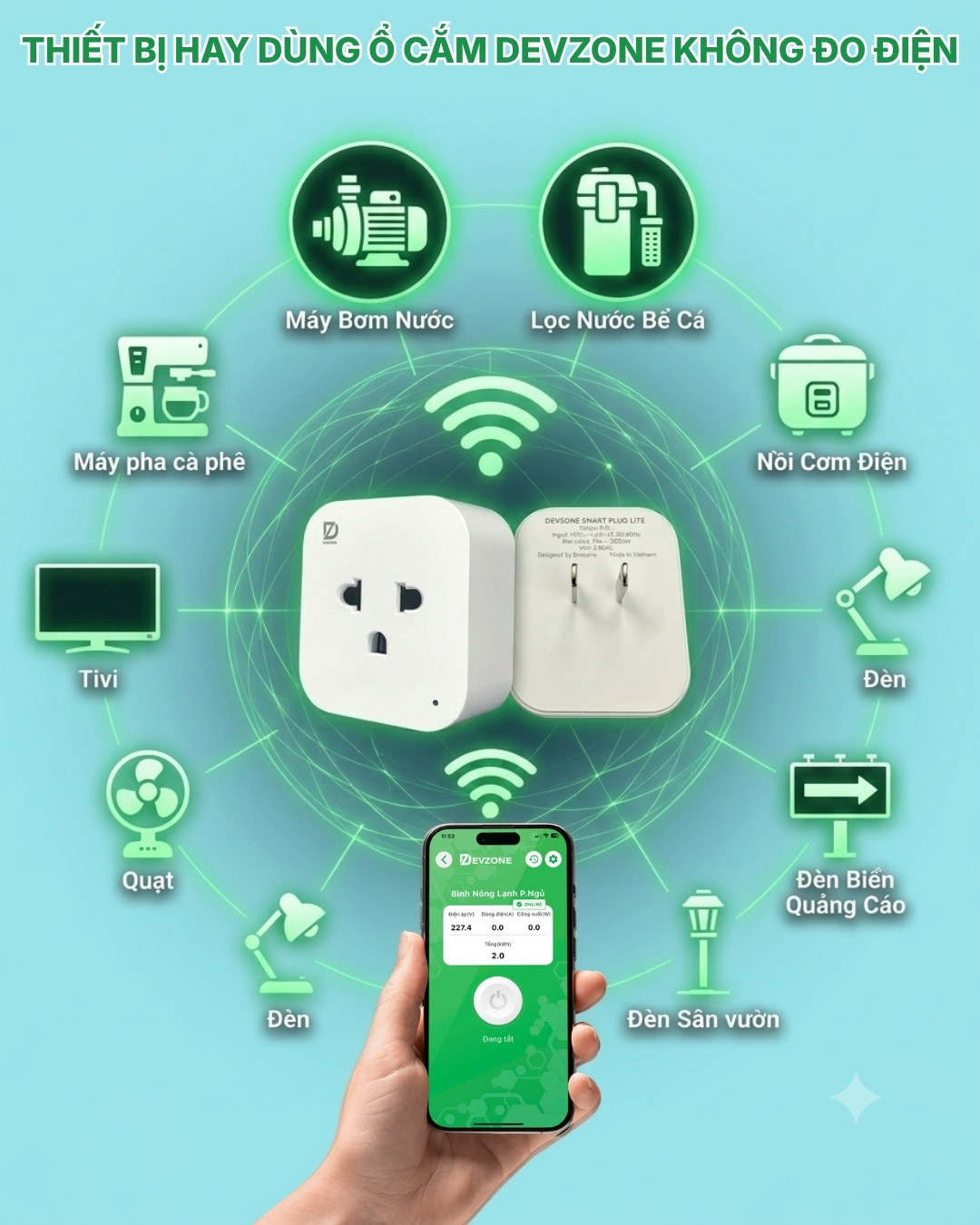 Ổ cắm điện thông minh wifi DEVZONE bật tắt thiết bị từ xa qua điện thoại phiên bản Lite rút gọn không có đo điện năng