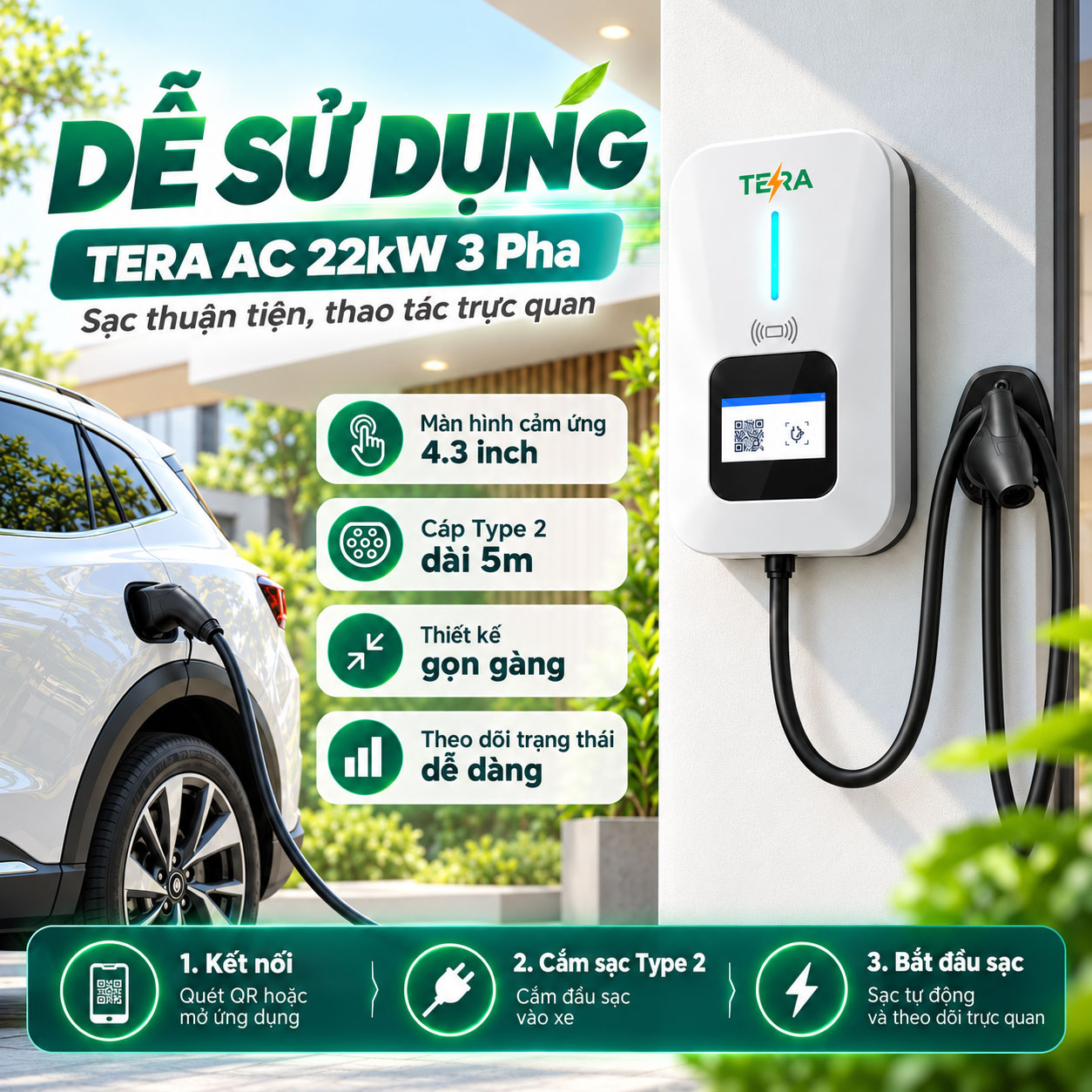 Trạm Sạc Ô Tô Điện TERA AC 22kW 3 Pha - Sạc Thông Minh