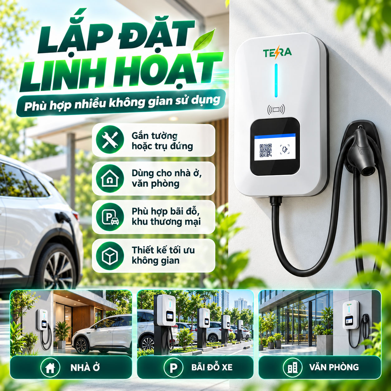 Trạm Sạc Ô Tô Điện TERA AC 22kW 3 Pha - Sạc Thông Minh