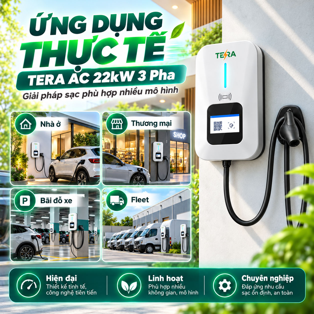 Trạm Sạc Ô Tô Điện TERA AC 22kW 3 Pha - Sạc Thông Minh