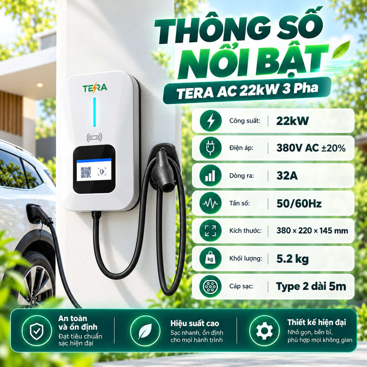 Trạm Sạc Ô Tô Điện TERA AC 22kW 3 Pha - Sạc Thông Minh