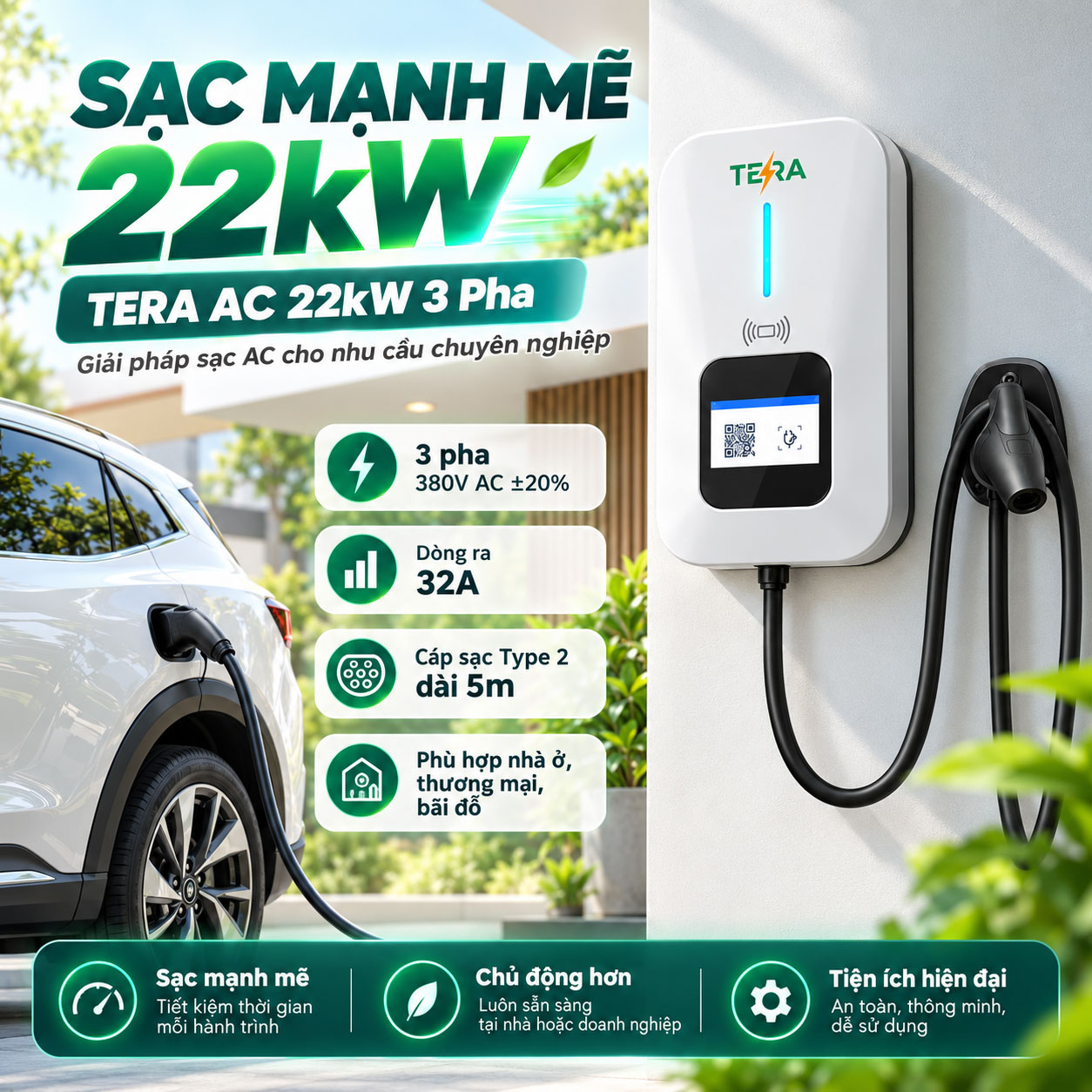 Trạm Sạc Ô Tô Điện TERA AC 22kW 3 Pha - Sạc Thông Minh