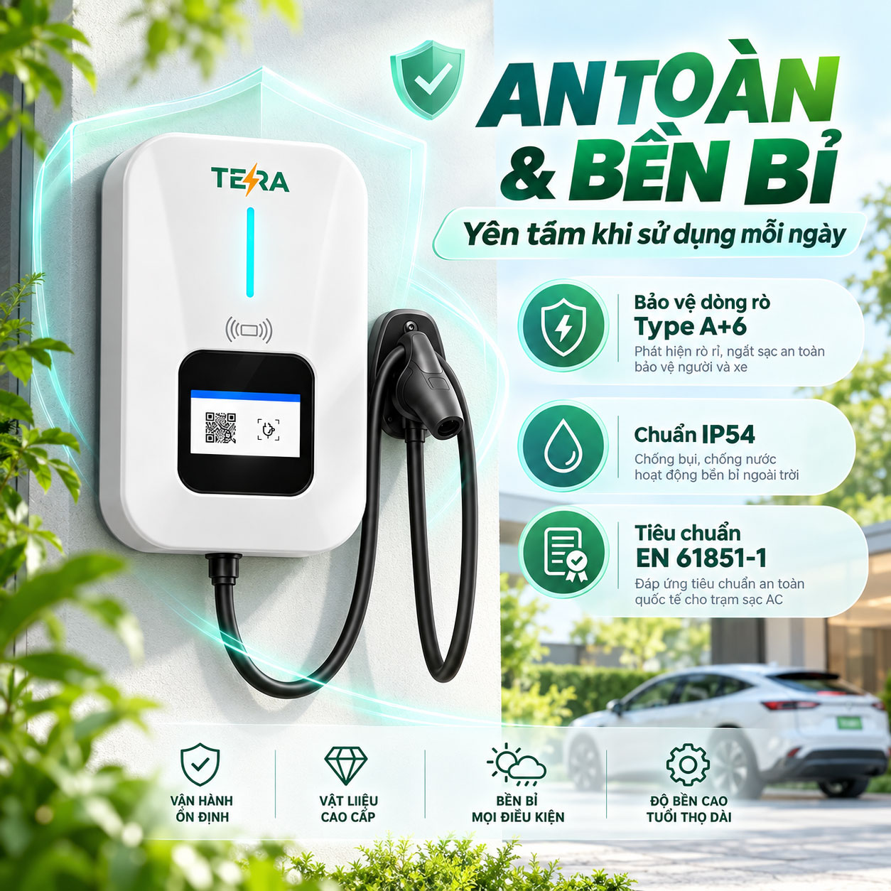 Trạm Sạc Ô Tô Điện TERA AC 7kW 1 Pha – Sạc Thông Minh, An Toàn