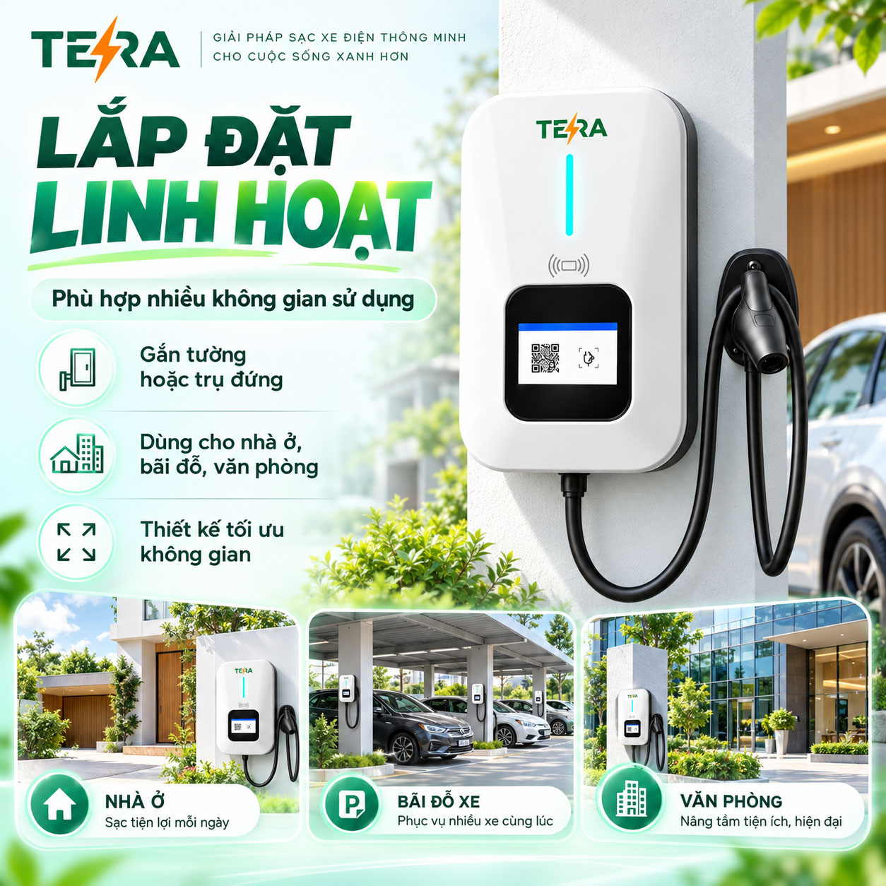 Trạm Sạc Ô Tô Điện TERA AC 7kW 1 Pha – Sạc Thông Minh, An Toàn