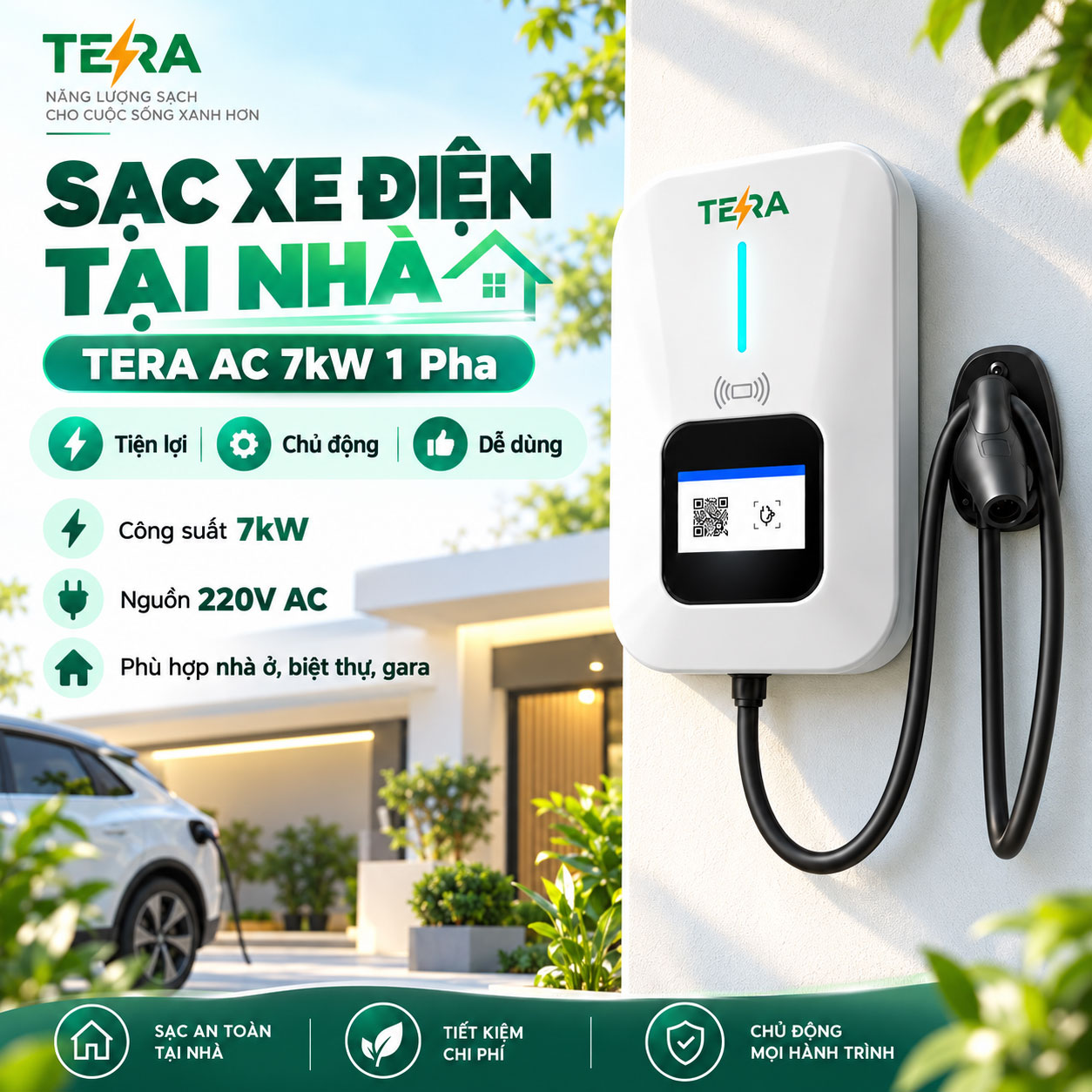 Trạm Sạc Ô Tô Điện TERA AC 7kW 1 Pha – Sạc Thông Minh, An Toàn
