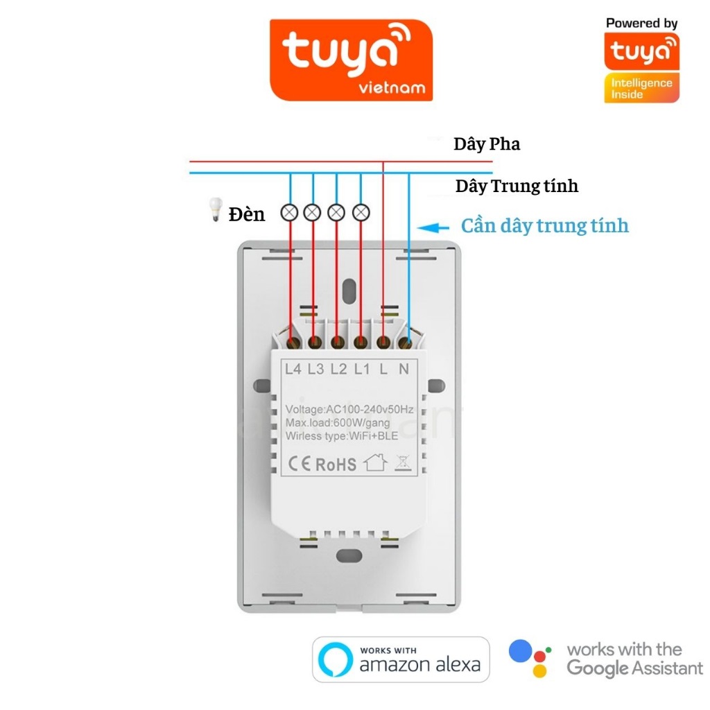 Công Tắc Cảm Ứng Thông Minh Wifi TUYA Viền Vàng Sang Trọng Chữ Nhật Theo Dõi Bật Tắt Từ Xa Qua Điện Thoại