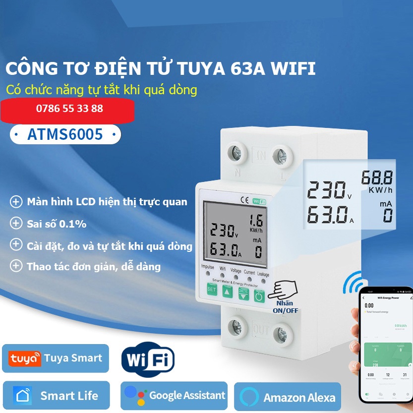 Công Tơ Điện Tử Thông Minh TUYA Wifi ZMAI 90 63A ATMS DIN RAIL đo số điện tiêu thụ cảnh báo bật tắt aptomat từ xa qua điện thoại bản quốc tế