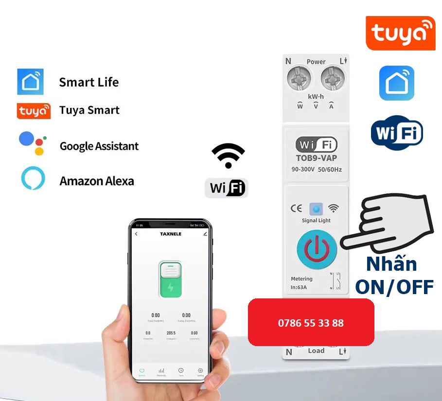 Công Tơ Điện Tử Thông Minh TUYA Wifi ZMAI 90 63A ATMS DIN RAIL đo số điện tiêu thụ cảnh báo bật tắt aptomat từ xa qua điện thoại bản quốc tế