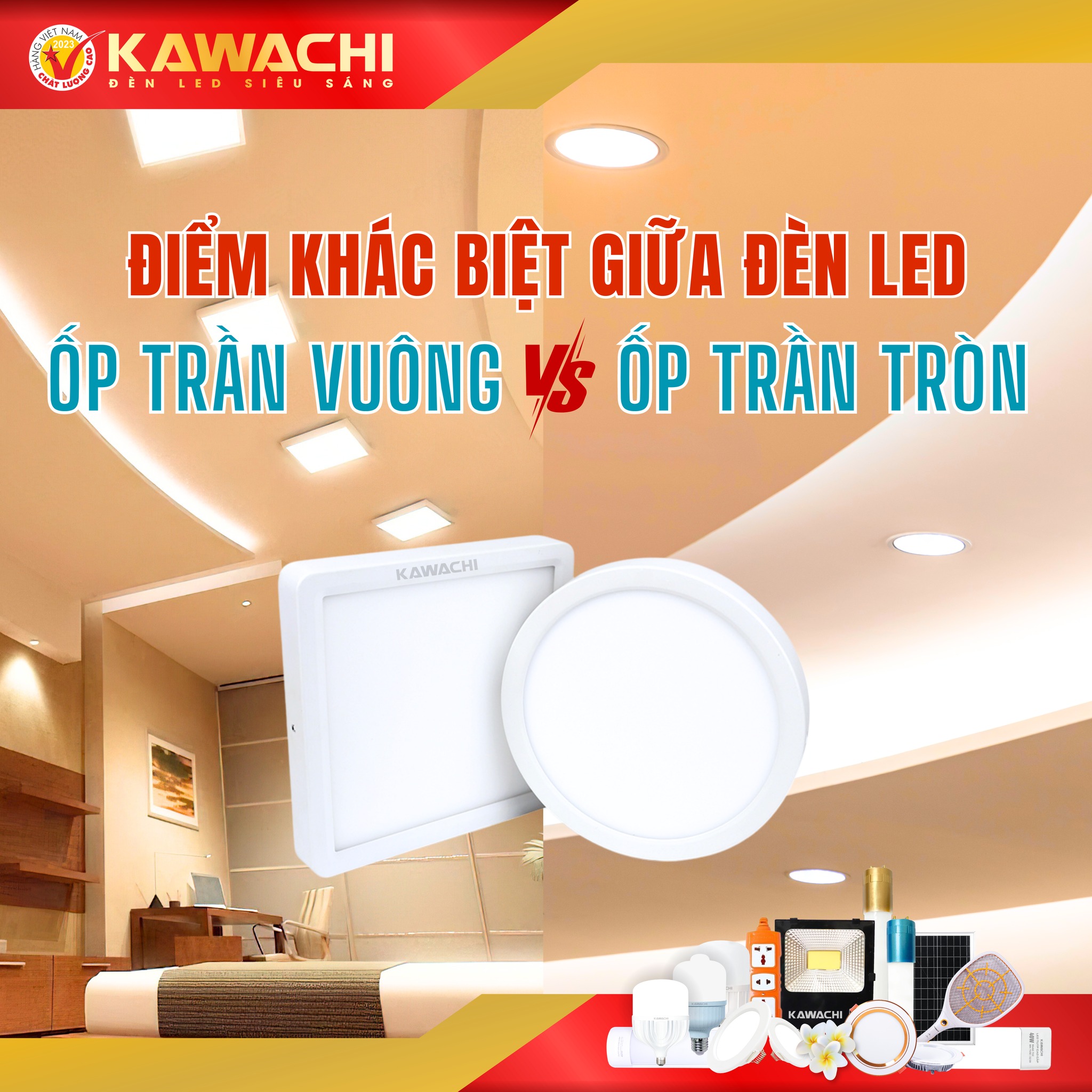 ĐIỂM KHÁC BIỆT GIỮA ĐÈN LED ỐP TRẦN VUÔNG VÀ ỐP TRẦN TRÒN