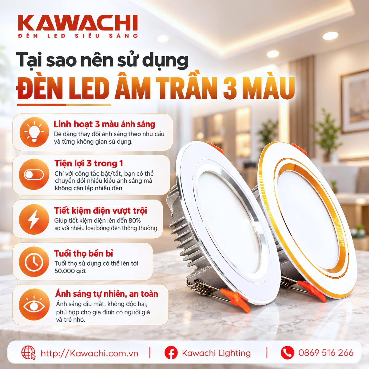 TẠI SAO NÊN SỬ DỤNG ĐÈN LED ÂM TRẦN 3 MÀU