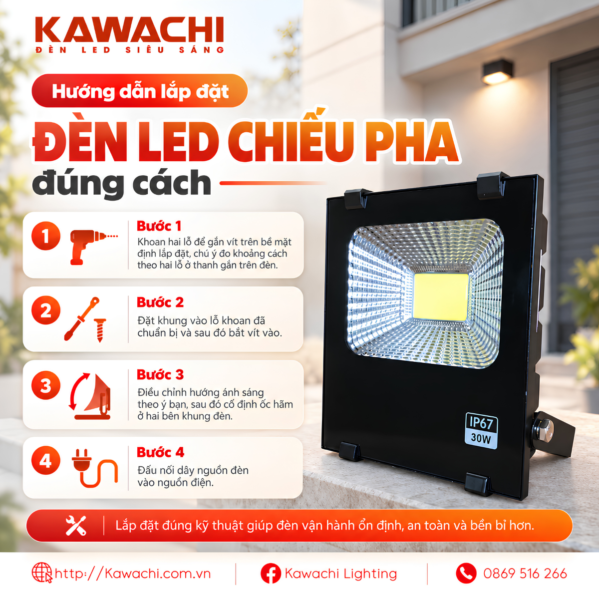 HƯỚNG DẪN LẮP ĐẶT ĐÈN PHA LED ĐÚNG CÁCH