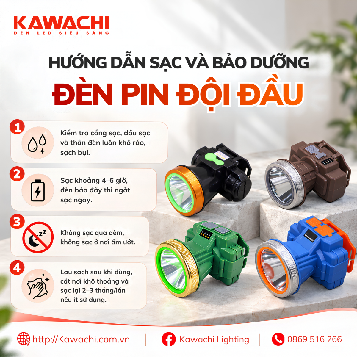 HƯỚNG DẪN SẠC VÀ BẢO DƯỠNG ĐÈN PIN ĐỘI ĐẦU