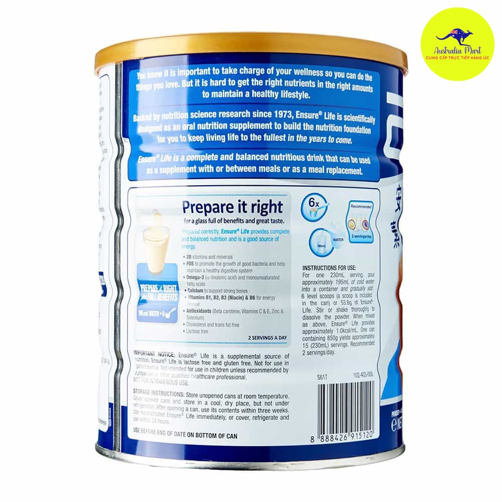 Sữa bột Ensure vị Vani Úc - 850g