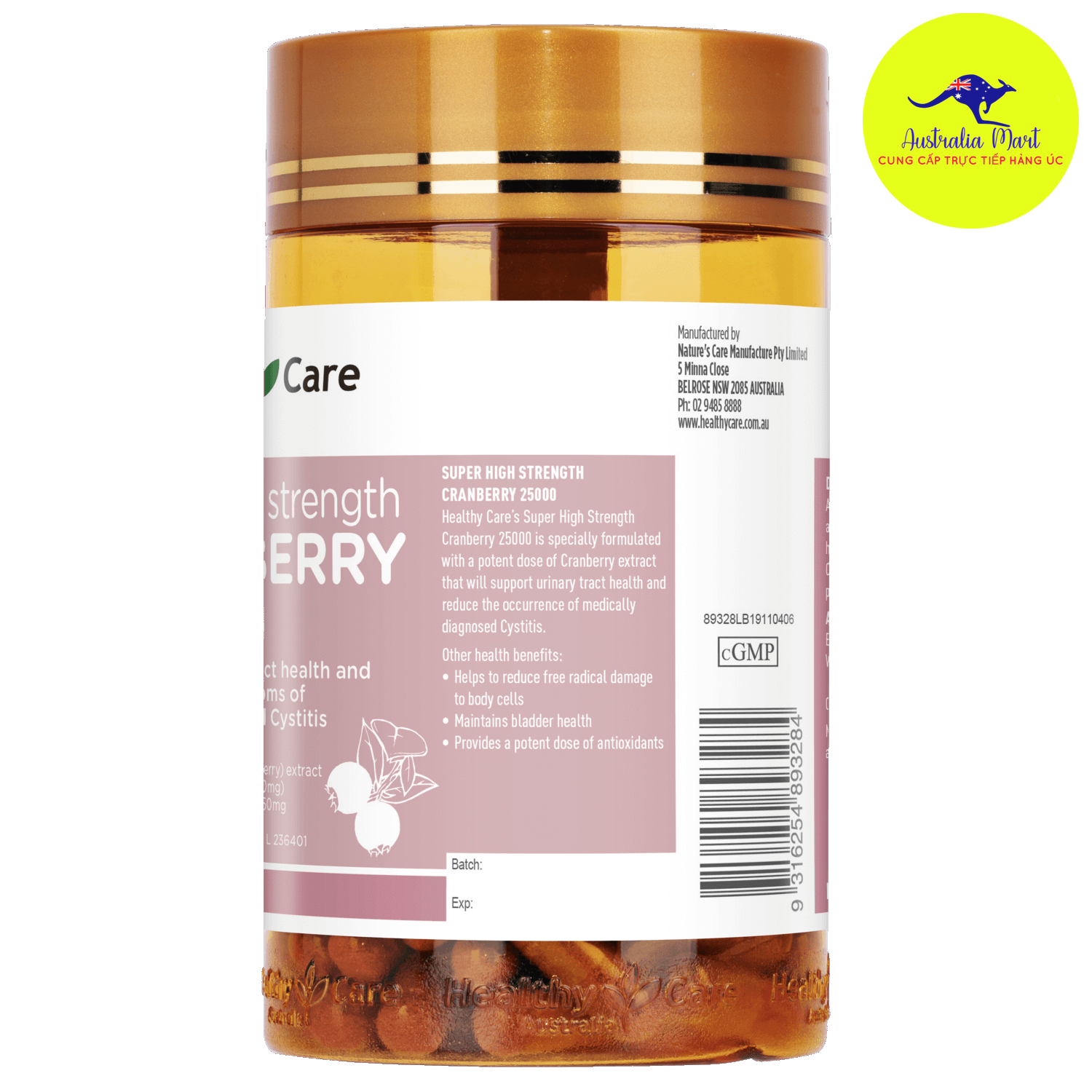 Healthy Care Super High Strength Cranberry Women - Viên uống duy trì sức khỏe thận và đường tiết niệu (90 viên)