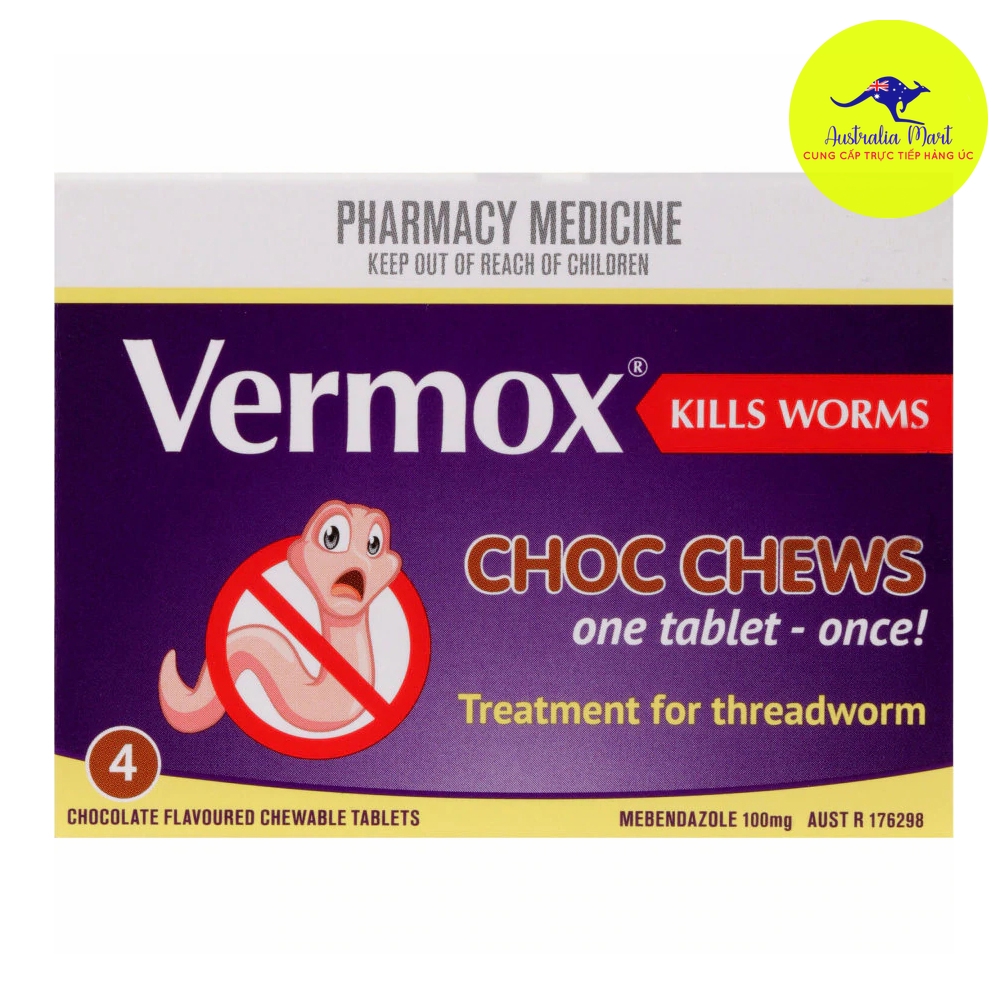 Viên thuốc tẩy giun Vermox orange flavoured chính hãng Úc - 4 viên/hộp.