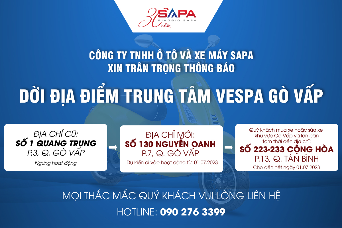 Thông báo dời đia điểm Trung tâm Vespa 1 Quang Trung, Gò Vấp