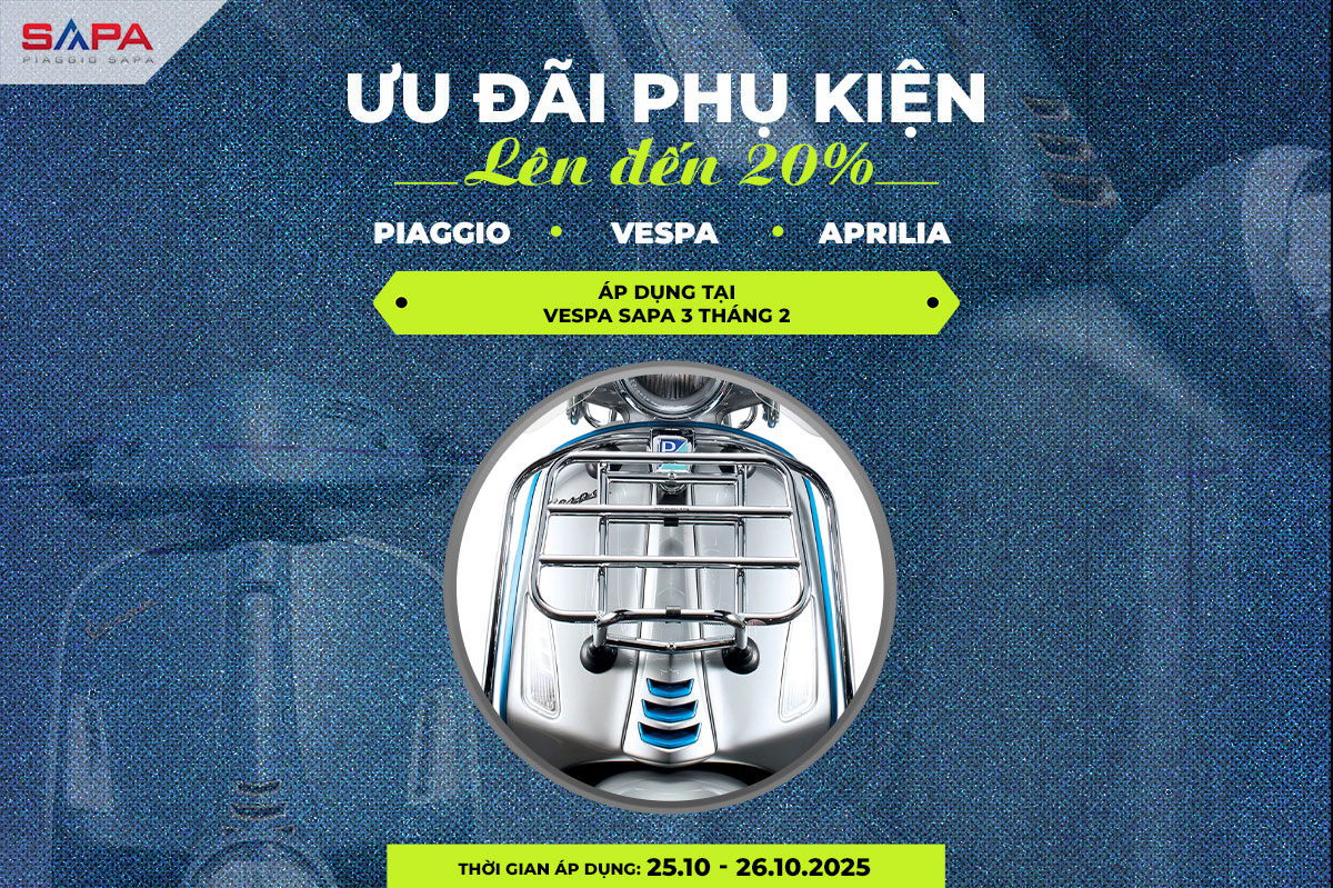 Giảm 20% khi mua phụ kiện Vespa, Piaggio ngày 25 và 26.10.2025