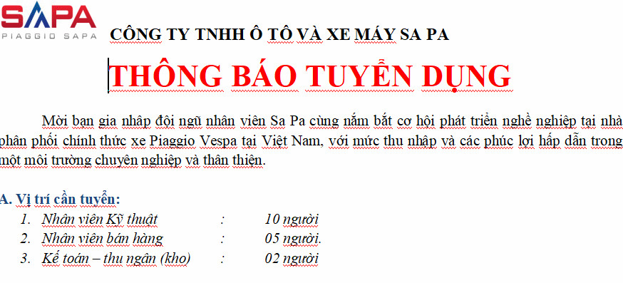 THÔNG BÁO TUYỂN DỤNG