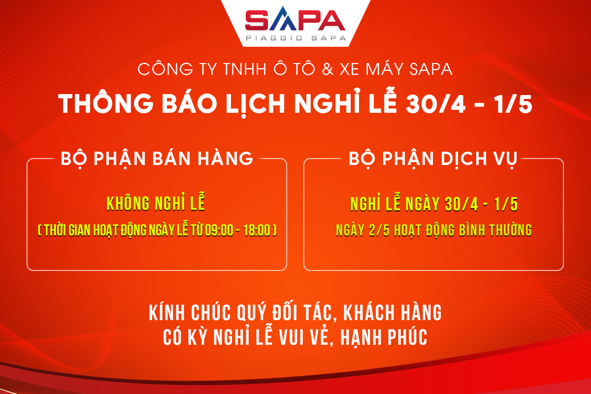 Piaggio Sapa thông báo nghĩ lễ 30/04